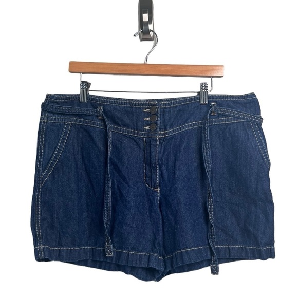 LOFT Dark Denim Jeans Shorts Cotton Linen Blend Tie Waist Size 16 NWOT‎ - Picture 2 of 14